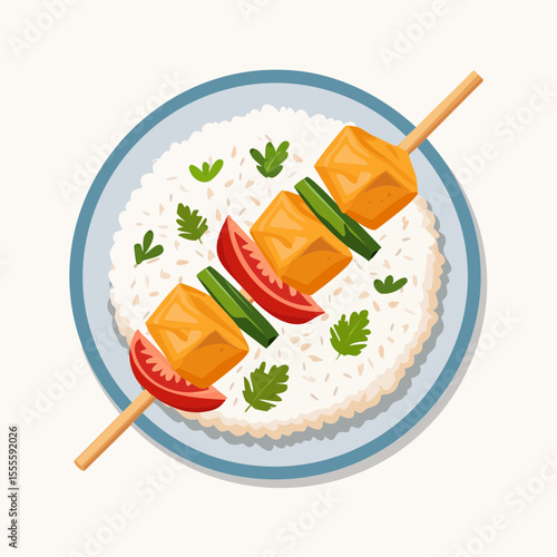 Vector illustration of a traditional shish kebab with chicken, peppers, and tomato on a plate of rice, garnished with herbs.