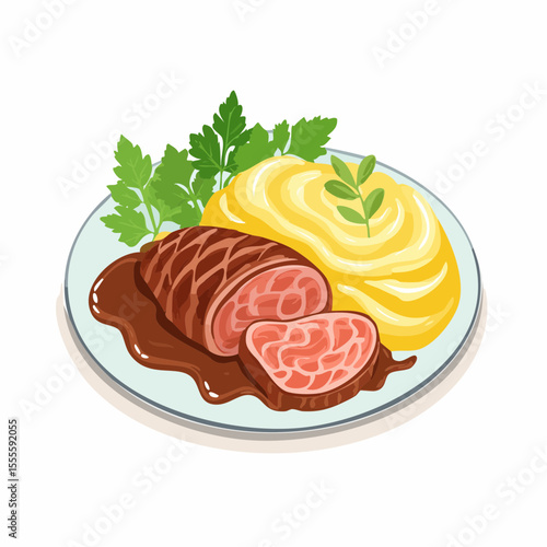Classic comfort food dinner plate featuring sliced meatloaf with rich gravy and mashed potatoes.
