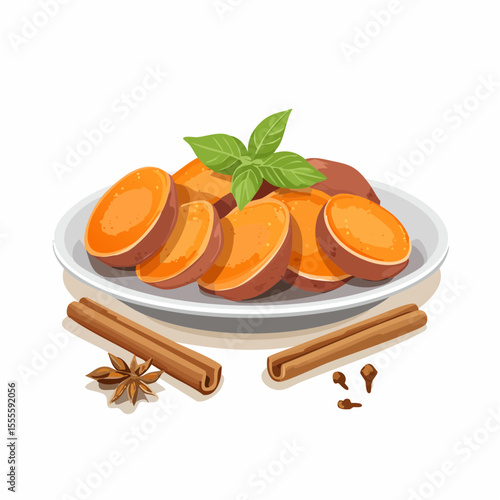 A nutritious dish of sliced sweet potatoes on a white plate, garnished with fresh basil and surrounded by aromatic spices like cinnamon and cloves.