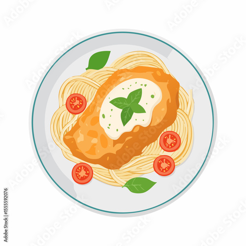 A freshly served plate of Chicken Parmesan pasta with spaghetti, cherry tomatoes, and basil. Vector illustration of a traditional Italian meal.