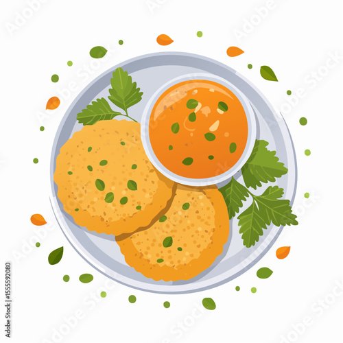Delicious Indian lentil fritters, dal vada, served with a spicy dipping sauce and fresh herbs. A traditional savory vegetarian snack or breakfast meal.