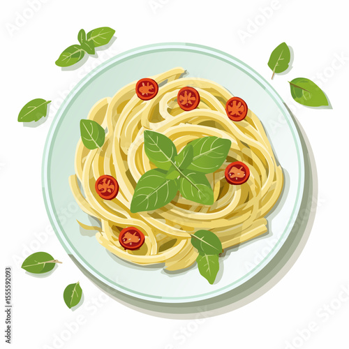 Freshly prepared spaghetti with cherry tomatoes and basil, an illustration of a classic Italian meal concept.