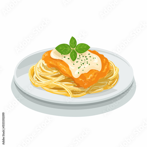 Appetizing plate of spaghetti pasta with a savory fillet, topped with creamy sauce and fresh basil