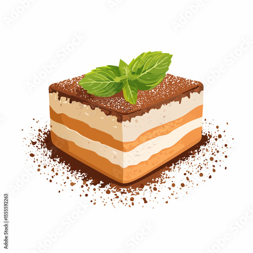 Gourmet slice of classic Italian tiramisu dessert, layered with cream and coffee, garnished with mint and cocoa powder.