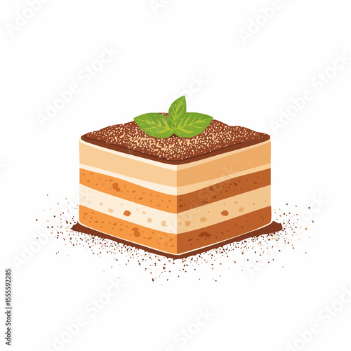 Delicious square slice of classic Italian tiramisu cake, a layered dessert with cocoa powder and mint garnish, isolated vector illustration.