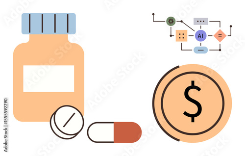 Medicine bottle, pills, capsule, dollar sign coin, and AI flowchart. Ideal for healthcare, AI in medicine, biotechnology, pharma innovation cost analysis digital transformation simple flat