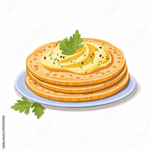 A delicious stack of savory pancakes topped with creamy butter and fresh parsley. Appetizing breakfast or brunch meal concept illustration.