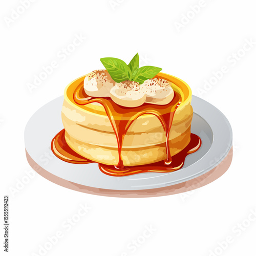A delightful stack of fluffy pancakes topped with fresh banana, drizzled with sweet syrup, and garnished with mint.