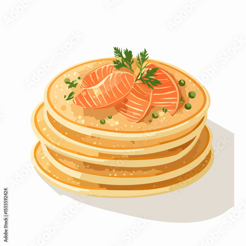 A delicious stack of savory pancakes or blinis, elegantly topped with slices of salmon, fresh parsley, and green peas. Gourmet breakfast food illustration.