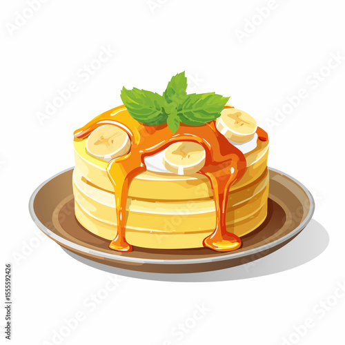 A delightful stack of fluffy pancakes drizzled with sweet caramel sauce, topped with fresh banana slices and a sprig of mint