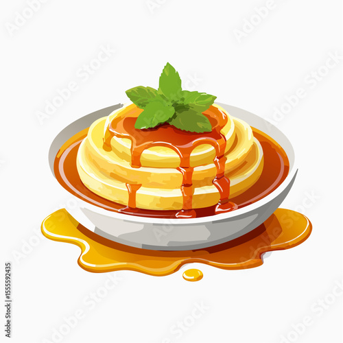 A delicious stack of fluffy pancakes drizzled with sweet maple syrup and garnished with fresh mint, isolated on a white background.