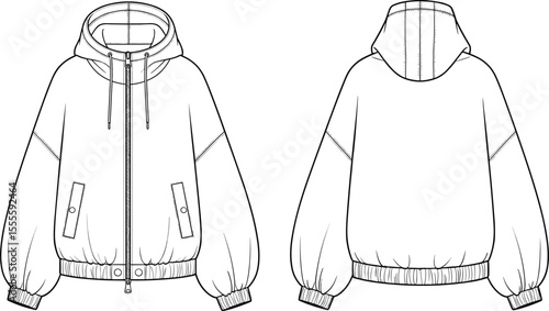 Front and back technical sketch of drawstring hoodie jacket, oversized balloon sleeve fashion outerwear, flat vector apparel design template

 flat vector illustration
