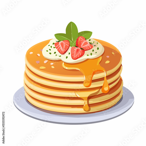 Stack of delicious pancakes with syrup, fresh strawberries, and cream. A sweet breakfast treat illustration.