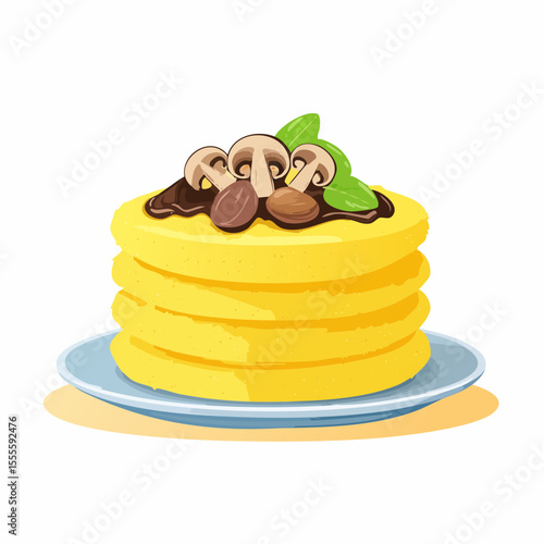 Traditional Italian polenta with savory mushroom sauce and basil. A delicious gourmet cornmeal dish illustration, a comforting meal.