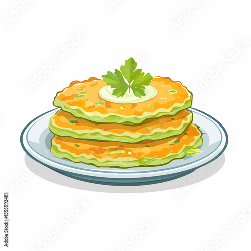 Appetizing stack of golden zucchini fritters served on a plate with sour cream and a fresh parsley garnish.