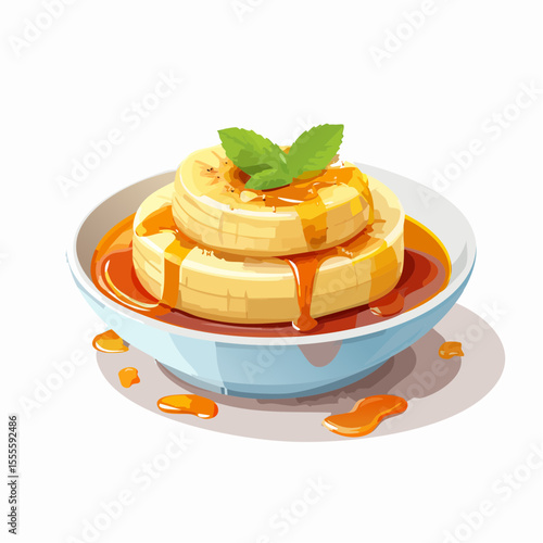 A delicious dessert of sliced bananas smothered in rich caramel sauce, garnished with a fresh mint sprig.