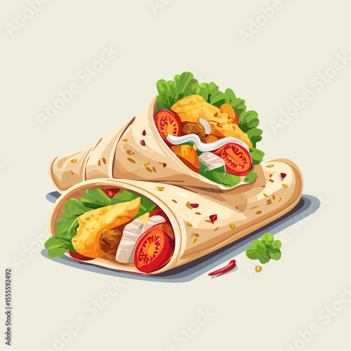 Savory illustration of two fresh chicken tortilla wraps with lettuce and tomato. A delicious concept for quick street food or a takeaway meal.