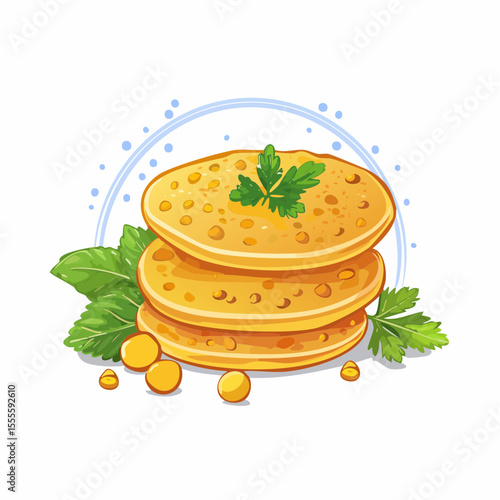 A nutritious stack of savory yellow lentil pancakes with fresh parsley garnish. A concept of healthy vegetarian cuisine.