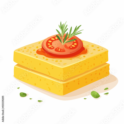 Gourmet stacked polenta cakes with tomato sauce and a fresh rosemary garnish. Traditional Italian appetizer illustration.