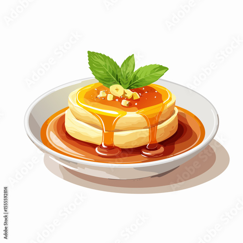 Fluffy souffle pancakes with sweet maple syrup, chopped nuts, and fresh mint garnish on a white plate for a delicious breakfast