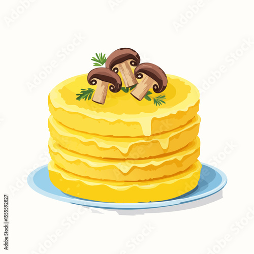 A savory stack of Italian polenta cakes with a creamy sauce, garnished with fresh mushrooms and herbs on a plate.