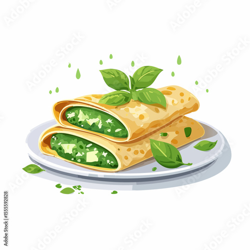 A delectable illustration of savory crepes filled with spinach and cheese, topped with fresh basil. Gourmet vegetarian breakfast concept.