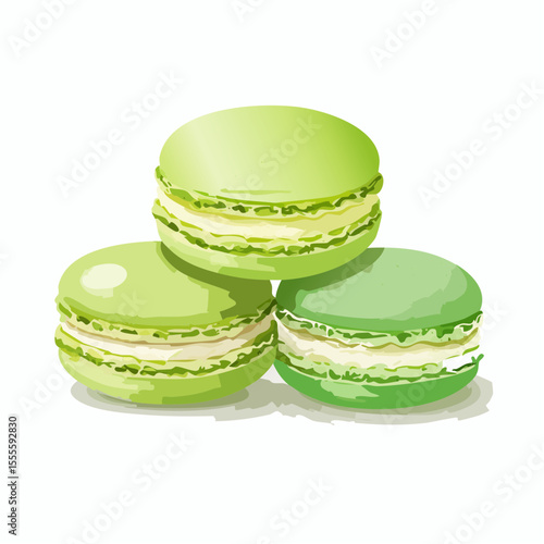 A charming illustration of three green French macarons stacked in a pyramid. Delicious gourmet pistachio or mint flavored pastries.