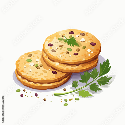 Gourmet seeded crackers or flatbreads stacked with a fresh herb garnish, isolated vector illustration on a white background.