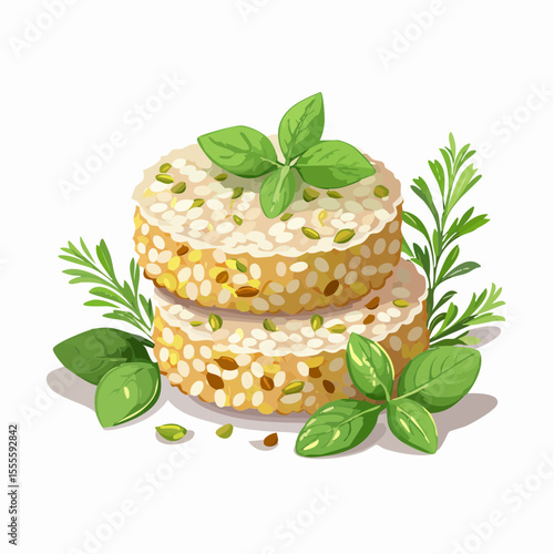 A flavorful stack of rice cakes topped with a creamy spread and garnished with fresh basil and rosemary, a concept of healthy snacking.