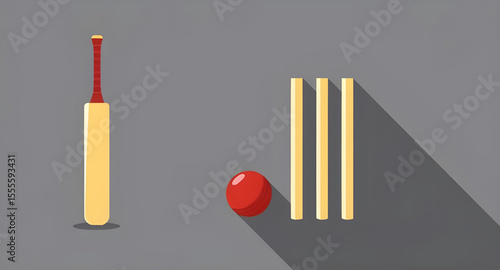 sports equipment, cricket gear, bat and ball, cricket game, cricket match, stumps and bails, red cricket ball, leather ball, wooden bat, cricket icon, sports icon, cricket field, cricket wicket, bat a