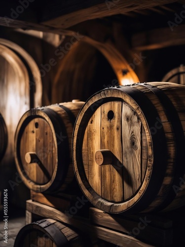 Whiskey wine and aged spirits resting in a dim lit wooden cellar on rustic oak barrels