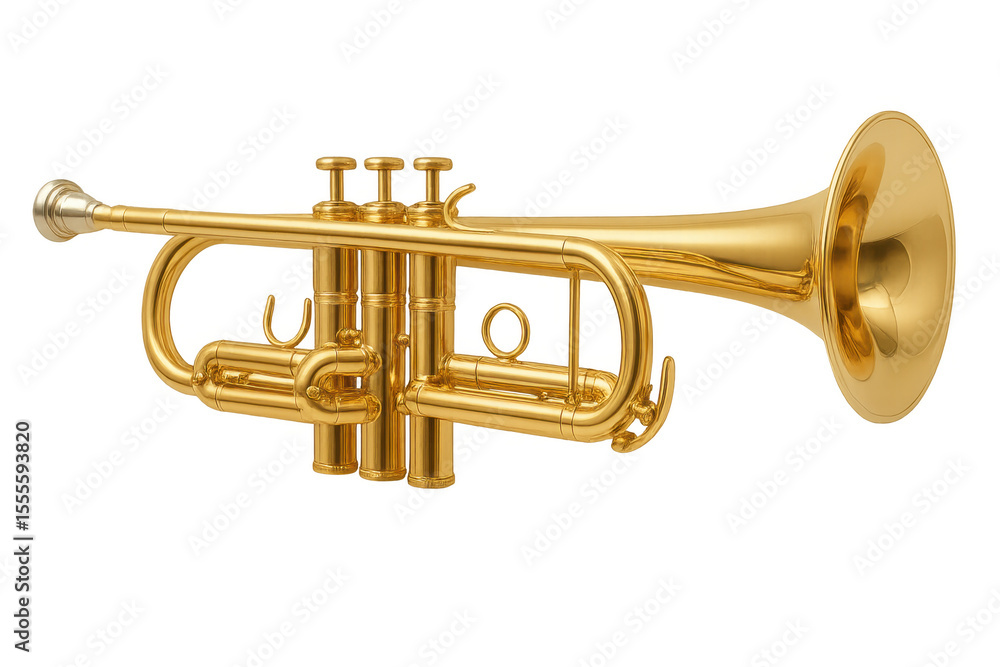 Fototapeta premium Gold trumpet lying horizontally isolated on transparent background, ready to play beautiful music