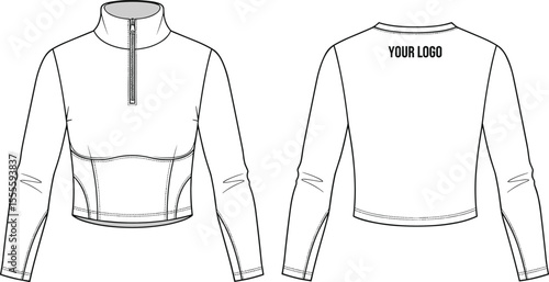 Women’s cropped zip-up sports jacket, long sleeve activewear top, fashion flat sketch, gym wear design, athletic apparel, technical drawing

 flat vector illustration
