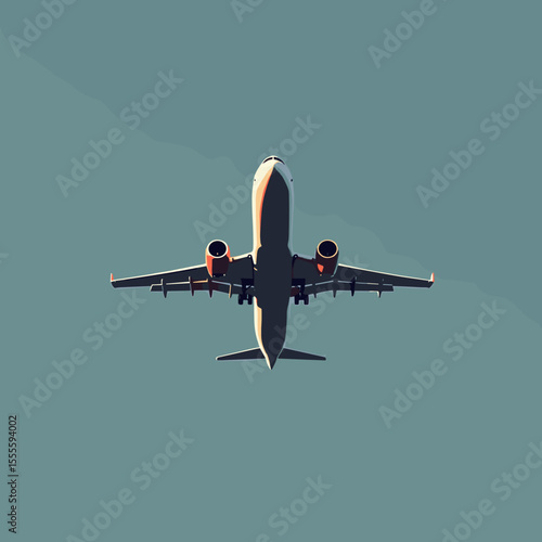 Airplane flying overhead against a blue sky background  
