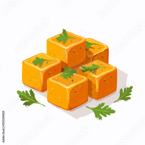 Delicious Golden Fried Paneer Cubes Indian Cuisine Illustration
