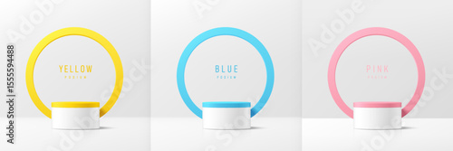 Set of 3D white product podium with blue, pink, yellow color circles backdrop. Abstract geometric composition in minimal design. Studio showroom product pedestal, Fashion stage showcases mockup scene.