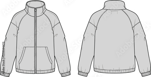 Men’s jacket technical sketch, zipper front outerwear design, fashion flat template, long sleeve windbreaker illustration, front and back view

 flat vector illustration