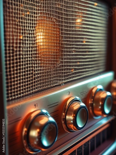 Warm glowing vintage radio with metallic knobs and classic design inviting nostalgia