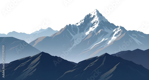 Mountain landscape, Mountain scenery, Mountains illustration, Nature mountains, Mountain range, Landscape in the mountains, Alpine landscape, High altitude view, Snowy peaks, Green mountain hills, Maj