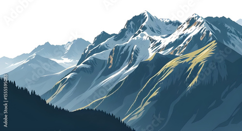 Mountain landscape, Mountain scenery, Mountains illustration, Nature mountains, Mountain range, Landscape in the mountains, Alpine landscape, High altitude view, Snowy peaks, Green mountain hills, Maj