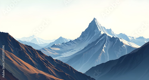 Mountain landscape, Mountain scenery, Mountains illustration, Nature mountains, Mountain range, Landscape in the mountains, Alpine landscape, High altitude view, Snowy peaks, Green mountain hills, Maj