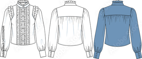  Victorian ruffle blouse fashion flat, front and back technical sketch, high neck design, long sleeve top with pleated and button detail

flat vector illustration