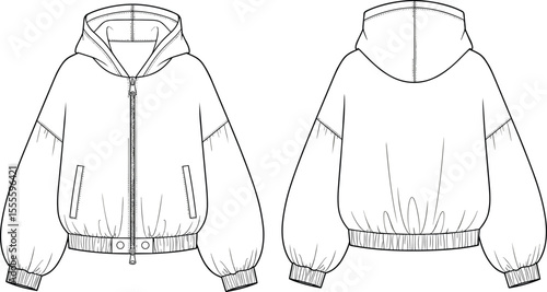 Women oversized hoodie jacket fashion flat sketch, front and back view, technical drawing, casual outerwear, vector garment design template

 flat vector illustration