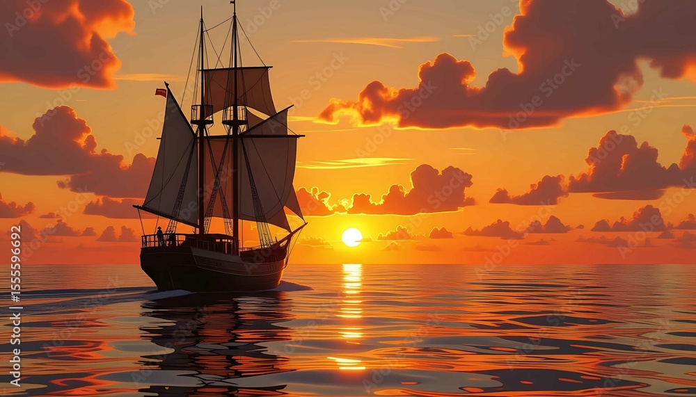 Fototapeta premium Sunset glow bathes sailing ship in golden hour magic, surrounded by soft waves and scenic nature