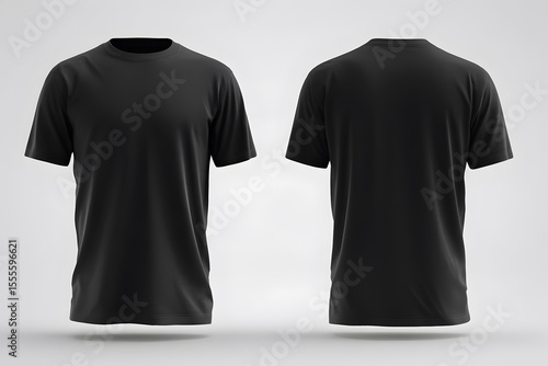 A mockup of a front and back view of a black blank t shirt with an isolated background