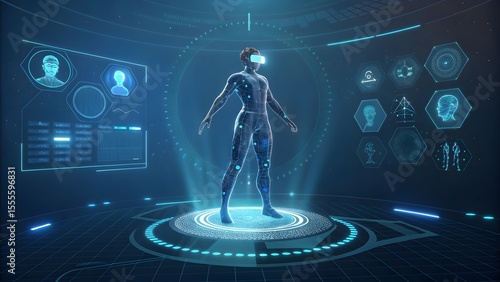 Futuristic human anatomy scan in virtual reality with digital interface