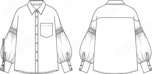  Fashion flat sketch shirt, puff sleeve shirt design, button down blouse front and back view, stylish women's apparel technical drawing flat vector illustration