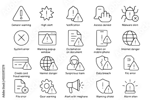 Warning & Alert Line Icons: Error, Security & Danger Notifications Vector Set