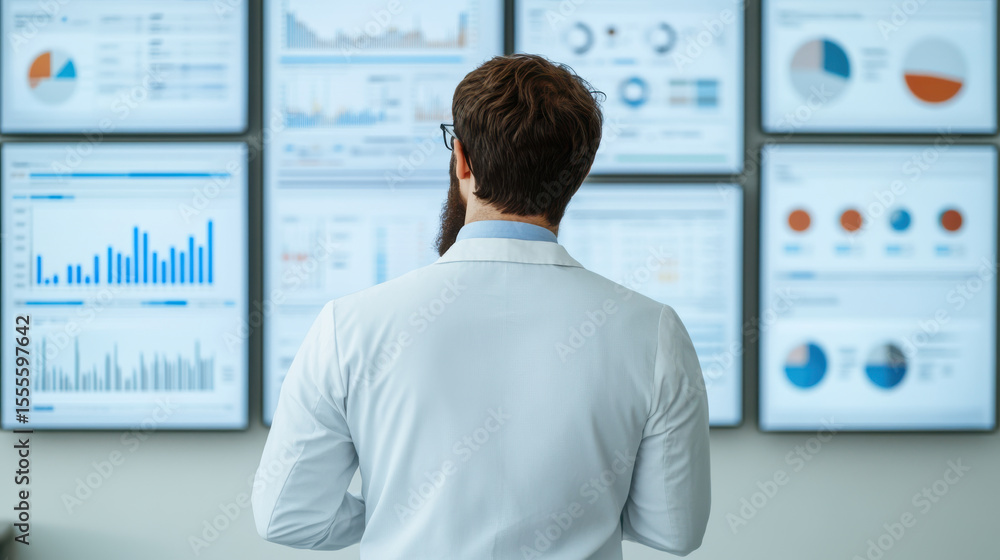 Business professional analyzing financial data on multiple digital screens with charts and graphs in office Business professional analyzing financial data on multiple digital screens with charts and graphs in office