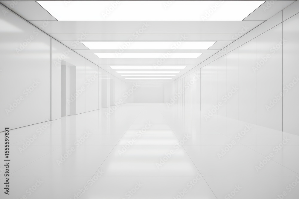 A large, empty white room with a white ceiling and white walls. Empty white office hall with mock up wall. A large, empty white room with a white ceiling and white walls. Empty white office hall with mock up wall.